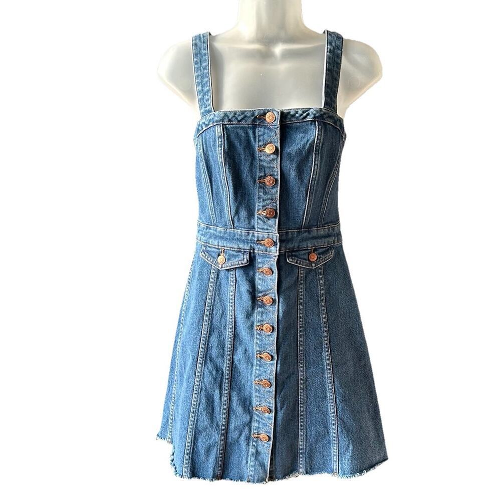 MADEWELL Raw Edge Button Front Denim Overall Dress Women's Size 4 Mini Skirt - Picture 2 of 11